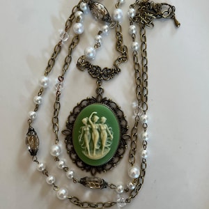 Wedgwood Three Graces Sage Green Vintage Cameo Necklace/Three Muses Cameo Necklace