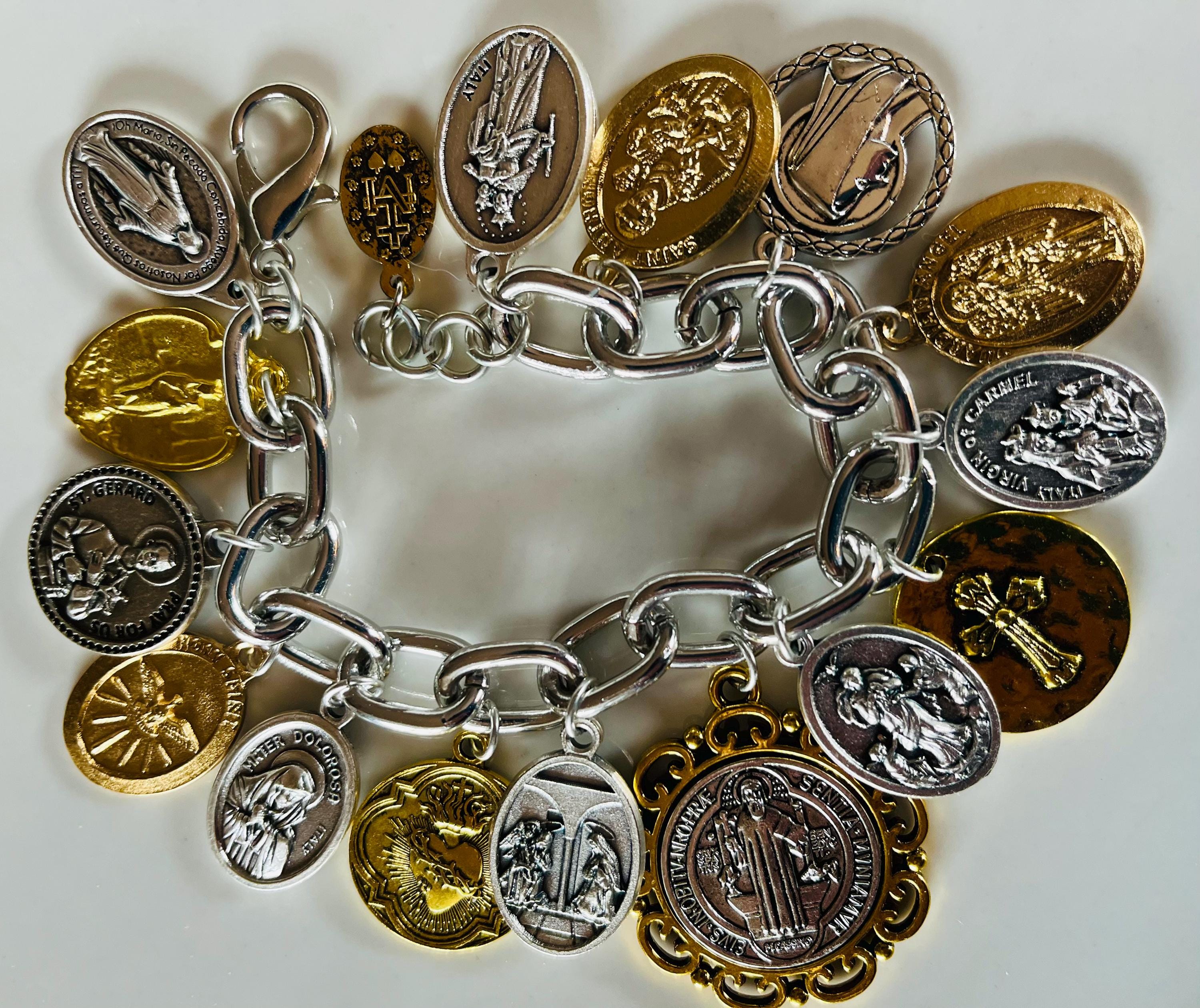 St Benedict, Charm Bracelet/Saints Silver & Gold Tone Catholic Charm Bracelet/Catholic Medals Charm Bracelet/All Saints Day