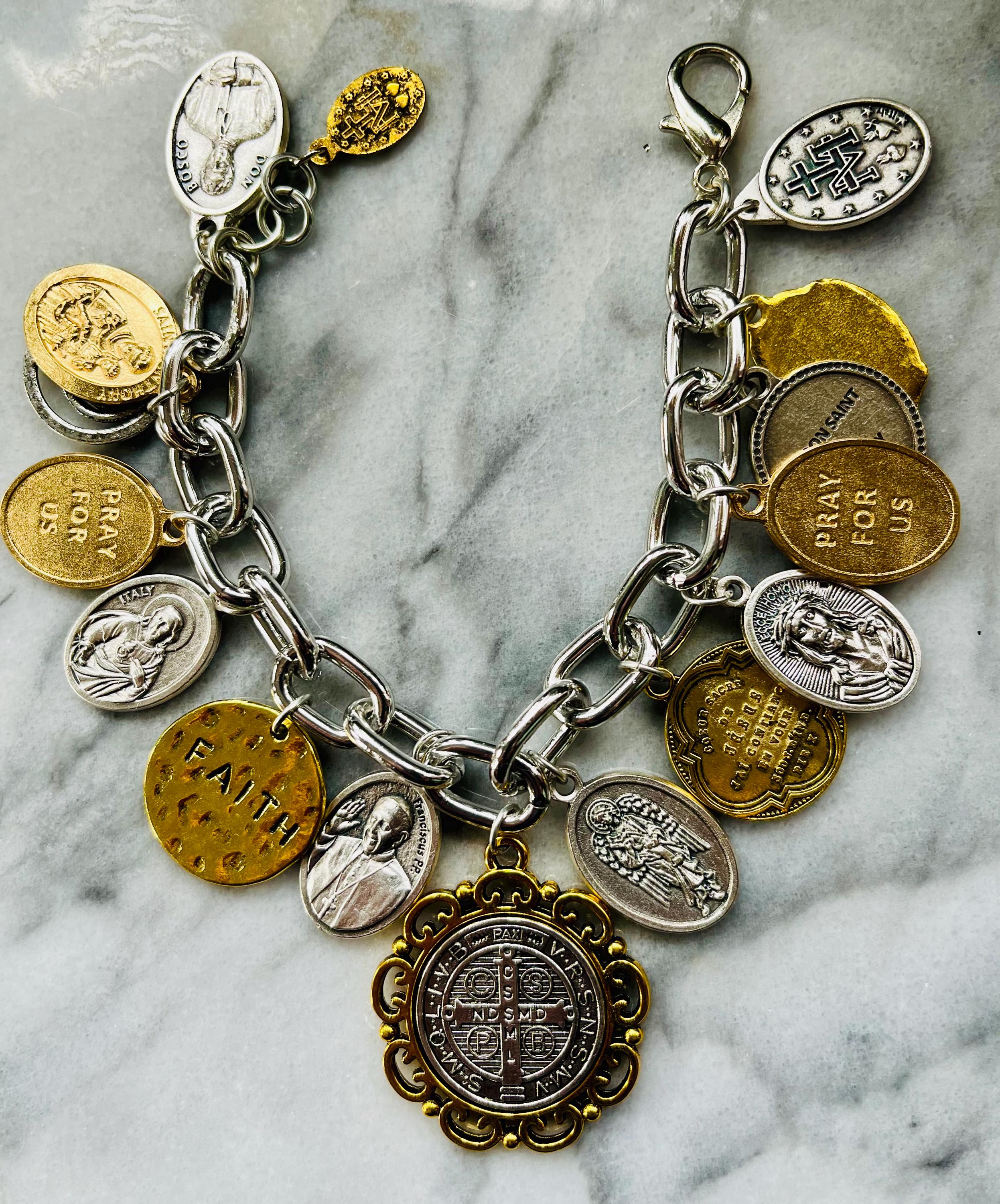 St Benedict, Charm Bracelet/Saints Silver & Gold Tone Catholic Charm Bracelet/Catholic Medals Charm Bracelet/All Saints Day