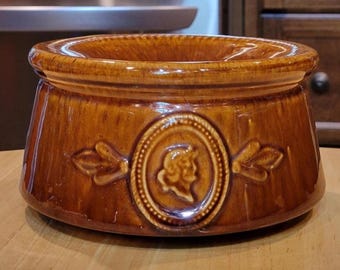 Antique Rockingham Pottery Cameo Medallion Cuspidor/ Circa 1870s/ Small Indoor Primitive Stoneware Spittoon
