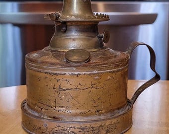 Antique Cleveland Non-Explosive Coal Oil Lamp/ Circa 1857-1868/ Improved Brass and Bronzed Tin Hand Lamp & Miller Sun Hinged Skirted Burner