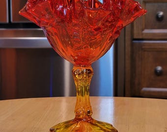 Vintage Fenton Rose Pattern No. 9223 Orange Double Crimped Glass Comport/ 1966 - 1974/ Fenton Amberina Art Glass