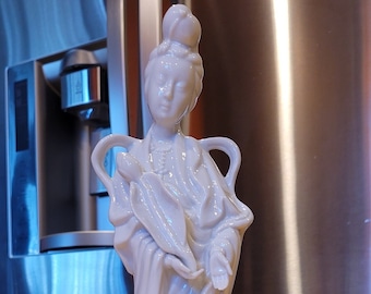Vintage/ White Porcelain Figurine Holding Lotus Bud & Leaf/ Circa 1980/ Porcelain Woman Statue Revealing A Lotus Flower On A Floral Pedestal