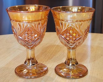 Antique Imperial Marigold Carnival Wine Glasses/ Circa 1911/ Iridescent Diamond and Sunburst Pattern Two Ounce Pressed Stemmed Wine Glasses