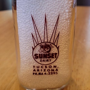 Dairying/ Sunset Dairy/ Tucson, Arizona/ Duraglas Glass Co/ 1958/ Red Pyroglaze Square Half Pint Glass Milk Bottle/ Dacro Top/ PH.MA 4-2395