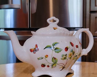 Vintage James Kent "Old Foley" Strawberry Gold Trim Large Teapot/ Circa 1950s/ Strawberries & Butterflies Earthenware Teapot