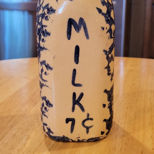 Vintage/ Alpine Pottery Stoneware Milk Jug/ Blue Spongeware Milk Bottle/ Circa 1998/ Alpine Pottery Roseville OH Country Kitchen Decor