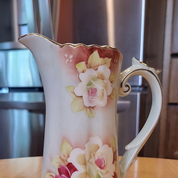 Vintage/ Nippon Reproduction Texas Rose Pattern Tabletop Cream Pitcher/ Circa 1990s/ Hand Painted Japanese Porcelain Floral Rose Pitcher