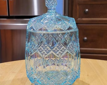 Vintage Reissue Of Imperial Glass Company "Three-In-One" Ice Blue Carnival Glass Cracker Jar/ Original Pattern No. 1 Introduced In 1904
