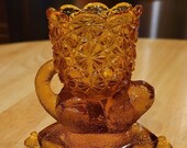 Antique Amber Cat Toothpick Holder Circa 1887 Richards Hartley Glass Company Tarentum, Pa. Kitten On A Pillow Glass Toothpick Holder