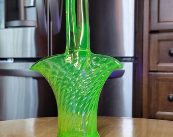 Antique Twisted Optic Vaseline Glass Basket/ Circa 1920s/ Imperial Glass Company Golden Green American Glass Basket