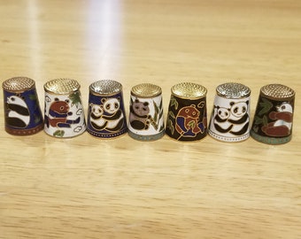 Vintage Enamel Cloisonné Brass Panda Bear Thimble Set/ International Export/ Circa 1970s