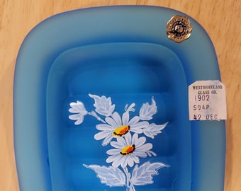 Vintage/ Westmoreland Glass Co Dark Blue Mist with Daisy Decal Decoration Soap Dish Line 1902/ Circa 1984/ New Old Stock Glass Soap Dish