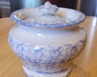 Antique/ Blue And White Stoneware Jar/ Circa 1900s/ Kitchen Stoneware Crock/ Farmhouse Spongeware Spice Jar/ Kitchen Pantry Grease Jar
