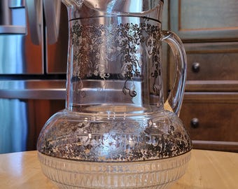 Vintage Duncan & Miller Terrace Floral Silver Overlay Crystal Glass Pitcher
