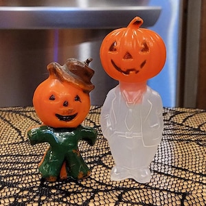 Vintage/ Gurley Pumpkin Head Halloween Candle & Plastic Pumpkin Head Candy Container Decoration/ 1959/ Pumpkin Head Halloween Tabletop Decor
