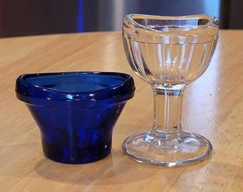 Vintage Cobalt Blue And Clear Glass Eyewashes/ Circa 1930s/ Cobalt Blue Eyewash Cup & Clear Glass Eyewash Cup/ Optrex Safe Guards Sight