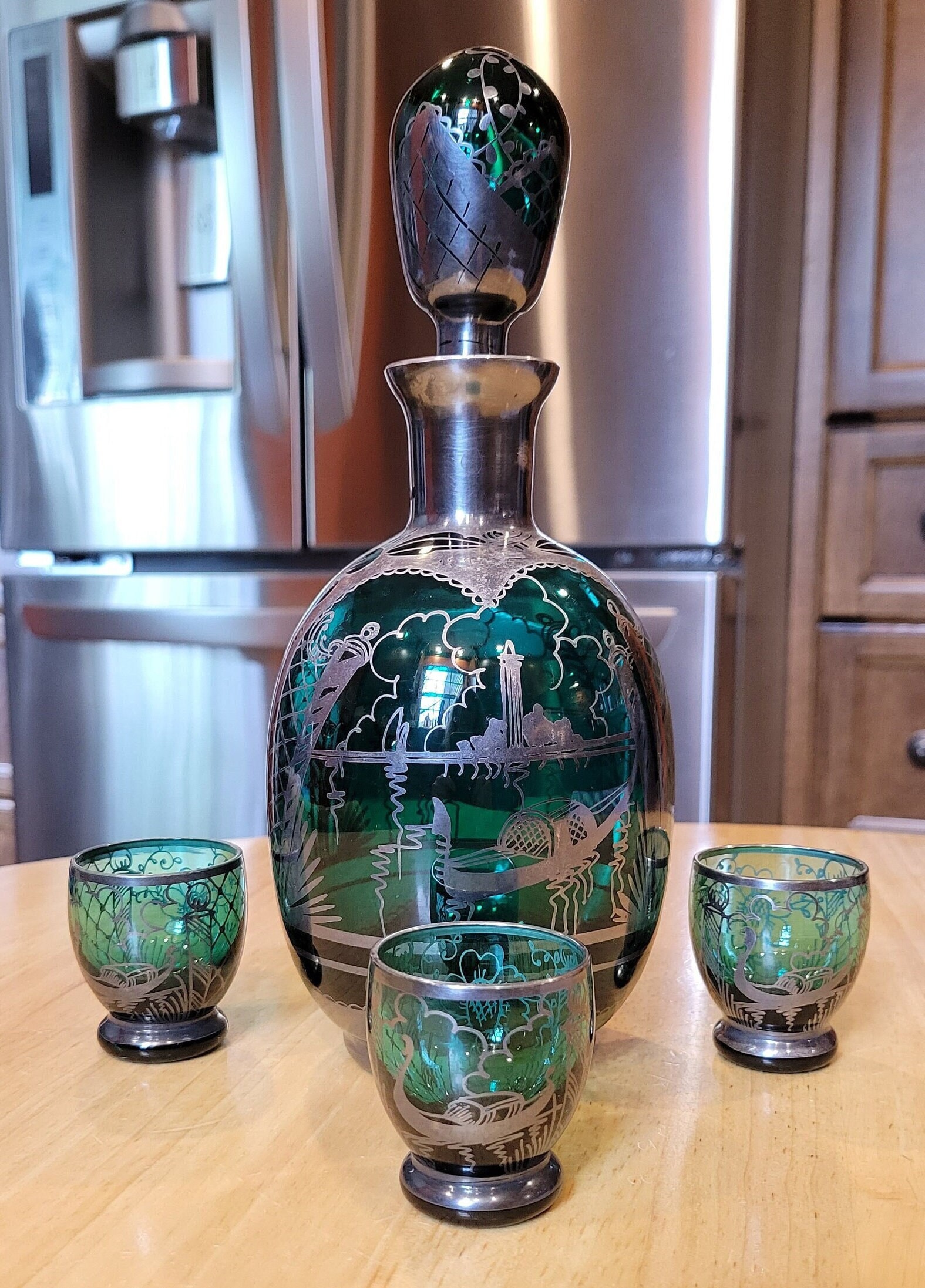 スターリングシルバーオーバーレイ　ガラスデキャンタ　バンブー Silver Overlay Glass - Etsy