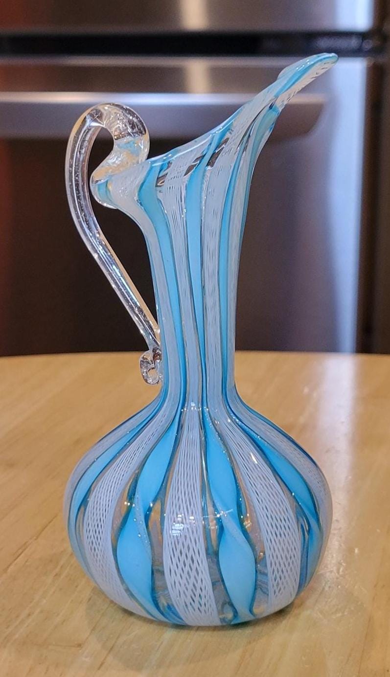 Antique Handblown Murano Latticinio Glass Ewer / Circa 1920s/ Blue