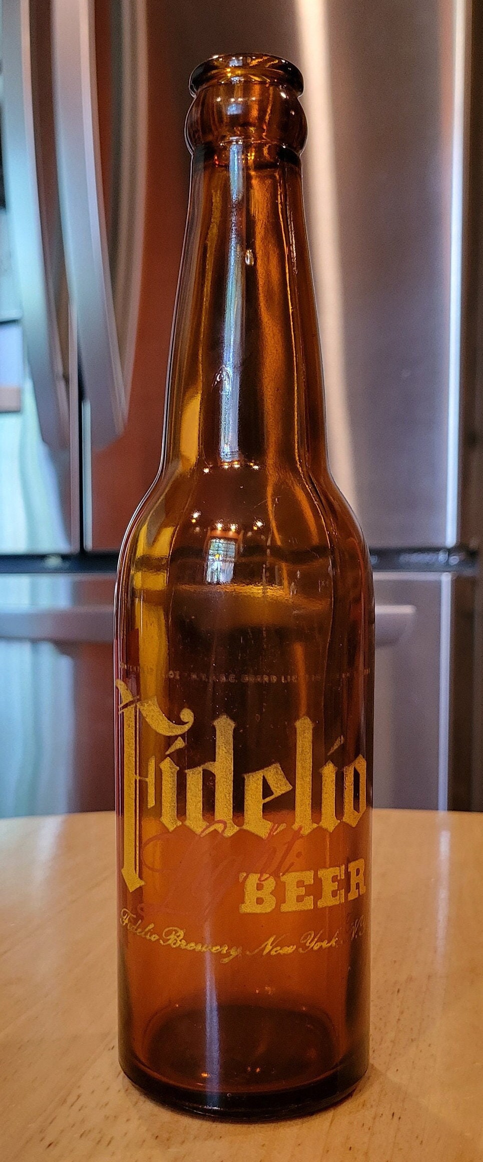Vintage/ ACL Fidelio Beer Amber Glass Crown Top Bottle/ Owens-Illinois Glass Co./ 1933/ Fidelio Brewery/ New York, N.Y,/ Two-Tone ACL Bottle