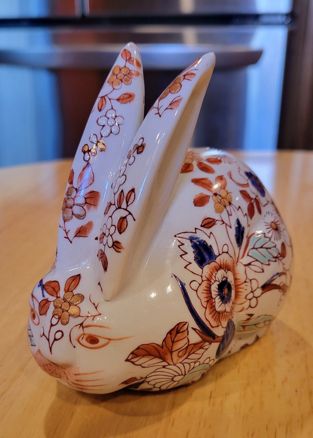 Vintage/ Japanese Hand Painted Porcelain Rabbit Figurine/ Circa 1960/ Floral Enamel Painted