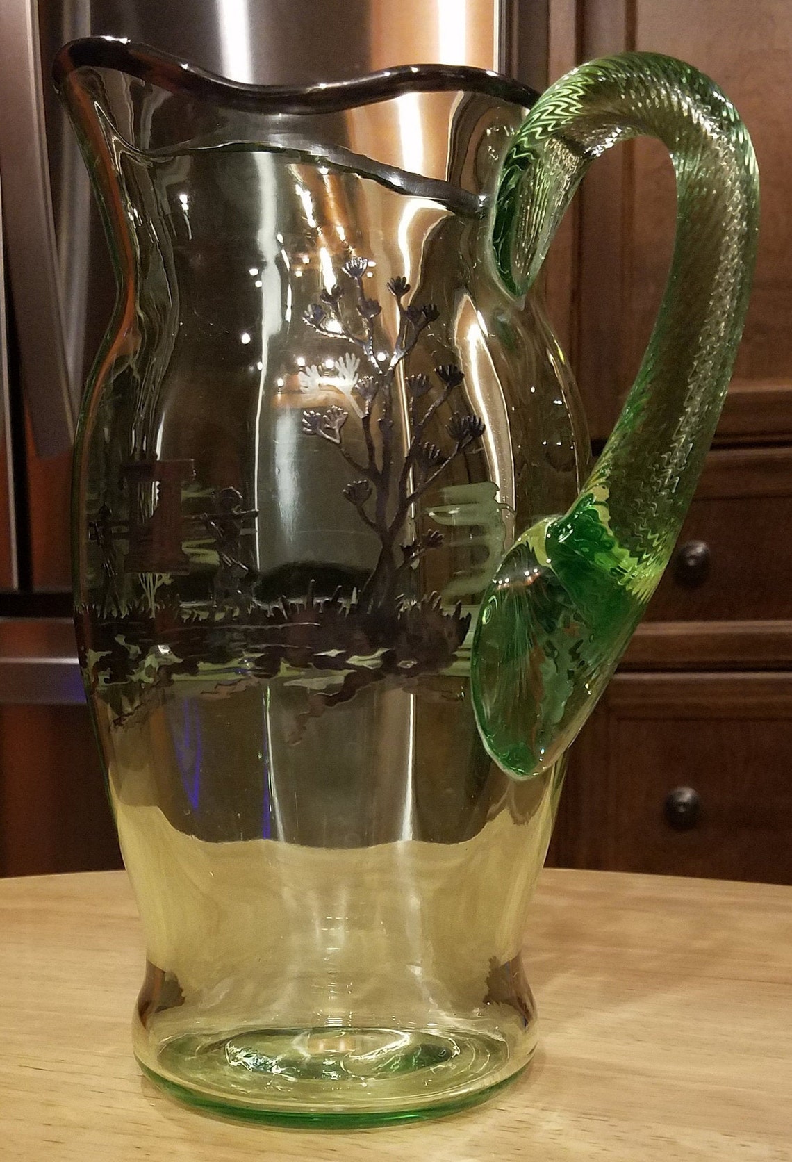 Antique Green Vaseline Glass Cream Pitcher with Silver Etsy
