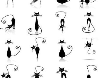 Spooky Cat Silhouettes - Halloween Cat Clipart Set - Instant Download