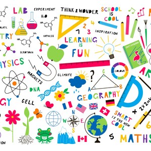 Op de afbeelding: Kleurrijke illustratie van verschillende schoolvakken, waaronder scheikunde, natuurkunde, biologie, aardrijkskunde, muziek, kunst en wiskunde. De illustratie toont een microscoop, een aardbol, een kompas, een palet, een liniaal, een rekenmachine en andere educatieve hulpmiddelen.