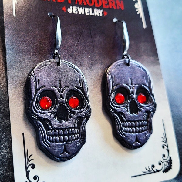 Halloween Skull earrings, red orange Swarovski crystal dangles, black stainless steel hook skeletons, gunmetal skulls, gift for teenage girl