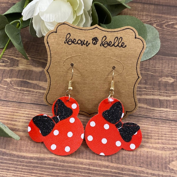 Disney Minnie Inspired Faux Leather Earrings| Red and White Polka Dot Faux Leather Earrings