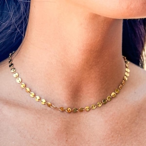 18K Gold Sequin Disc Chain Necklace: Waterproof Tarnish-Free Layering Jewelry