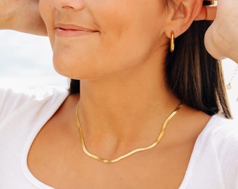 18K Gold Snake Chain Necklace: Herringbone Layering Necklace