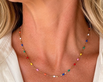 Rainbow Enamel Bead Necklace Gold • Colorful Layering Necklace • Dainty Beaded Chain • Summer Jewelry • Fun Everyday Necklace for Women