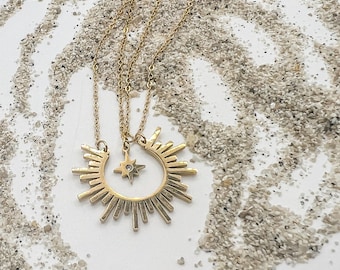 Waterproof Gold Sunburst Necklace • 18K Gold Plated Sun Ray Pendant • Tarnish Free Layered Chain • Hypoallergenic Summer Jewelry Gift