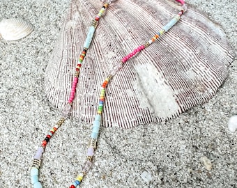 Rainbow Seed Bead Necklace: 18K Gold Clasp, Waterproof Boho Jewelry