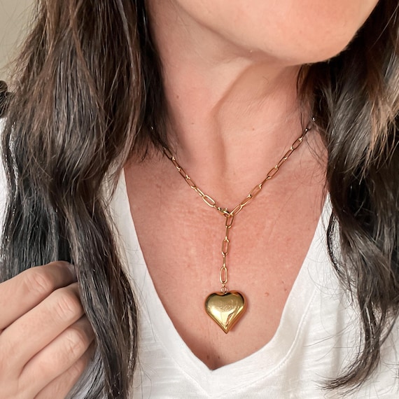 Chunky Heart Necklace, Gold Heart Necklace, Puffy Heart, Big