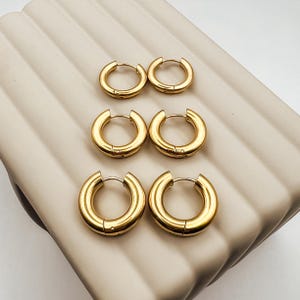 Thick 18k Gold Huggie Hoops Set: Stainless Steel Earrings