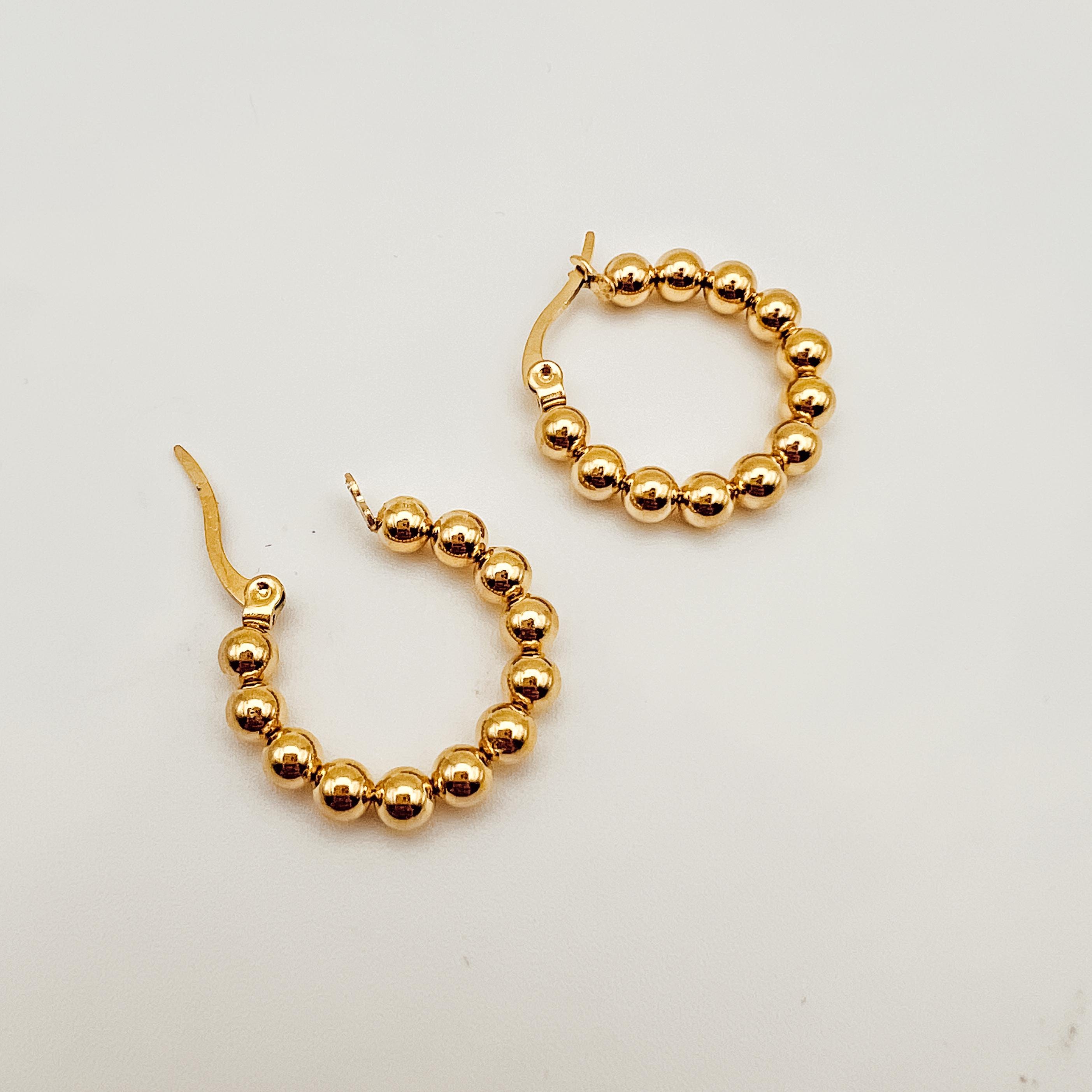 Beaded Gold Hoop Earrings, 18k Gold Hoops, Hypoallergenic Earrings, Ball Hoop Earrings, Minimalist Hoop Earrings, Boho Gold Hoop Earrings