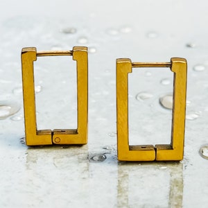 May include: A pair of gold-colored rectangular hoop earrings. The earrings have a simple, modern design with a hinged closure. The earrings are displayed on a light-colored, slightly textured surface.