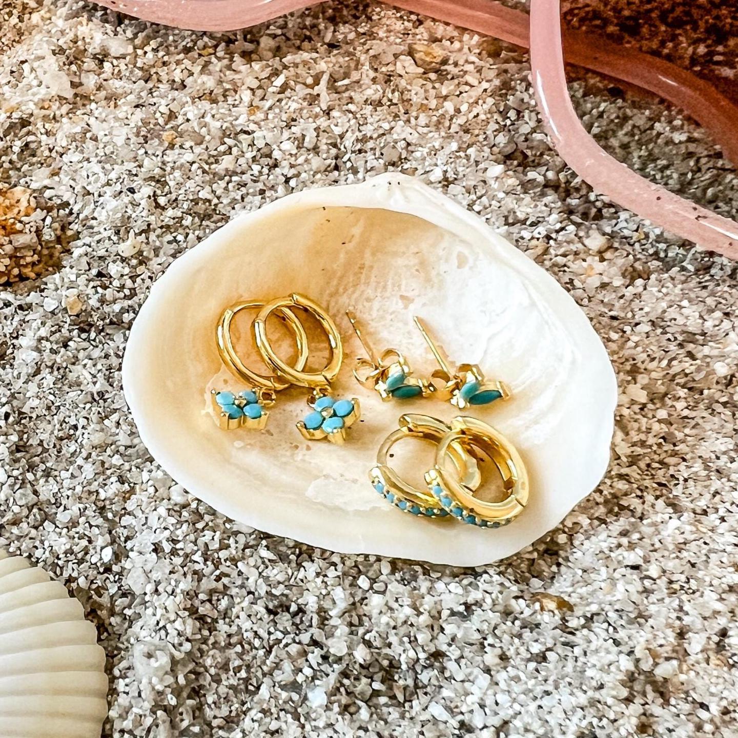 Beach Vibes Earring Set, 3pc Waterproof Gold Hoop Trio, Sea Blue Dainty Earrings, Tarnish-Free Earrings, Hypoallergenic, Summer Jewelry