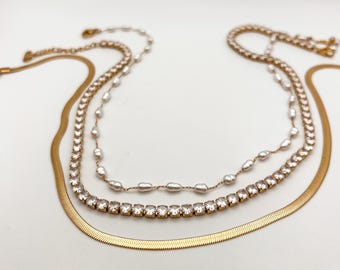 Layered Necklace Set: Gold. Pearl, Snake Chain & Tennis Necklace