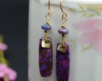 Purple Mojave Turquoise Tile earrings with Purple Moonstone in Gold Filled Ear Wires