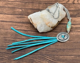 Southwestern Turquoise Concho Suede Fringe Tassel Necklace, Perfect Gift for JW sisters, JW Baptism Gift,  JW Pioneer School Gift