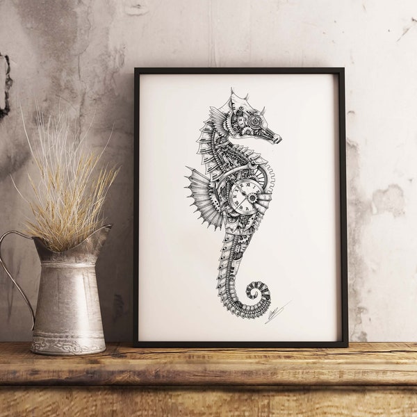 Steampunk mechanical seahorse artwork digital print, steampunk artwork wall decoration digital print, gift print, seahorse drawing