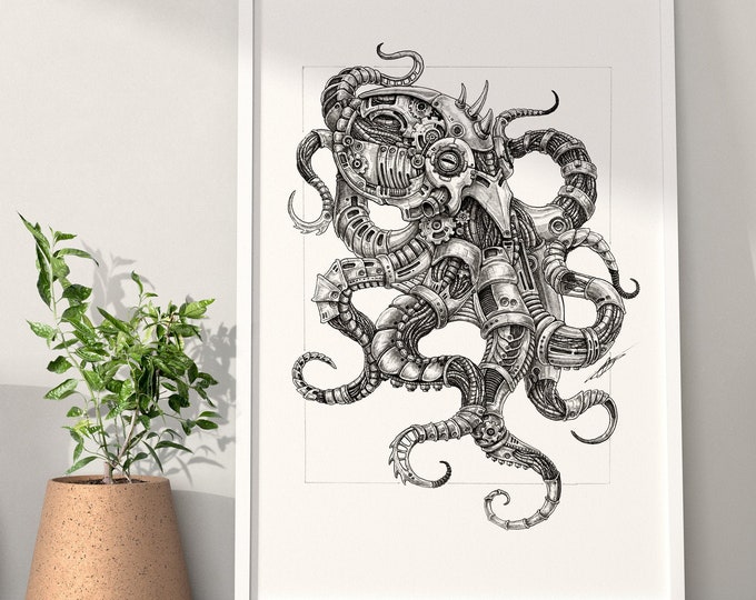 Octopus steampunk illustration painting digital art print, mechanical clockwork steampunk art wall decor gift, octopus marine ocean theme
