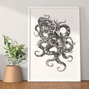 Octopus steampunk illustration painting digital art print, mechanical clockwork steampunk art wall decor gift, octopus marine ocean theme