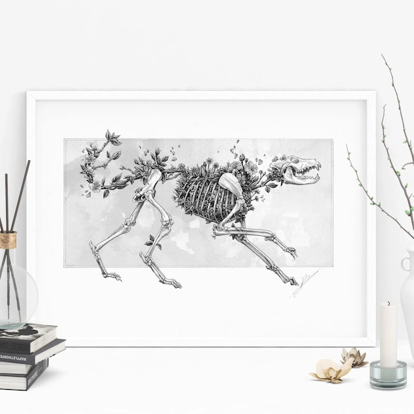 Wolf skeleton with flowers art digital print, dog skull nature leaves flowers, wild roses flowers artwork digital print, A4 wall deco print