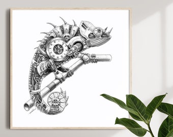 May include: A black and white illustration of a steampunk chameleon with gears and a clock face. The chameleon is perched on a branch.