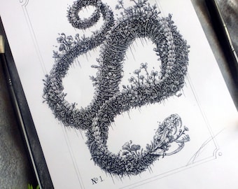 Snake skeleton illustration art digital print, overgrown plants skeletons skull painting, nasturstiums nature flowers detailed drawing
