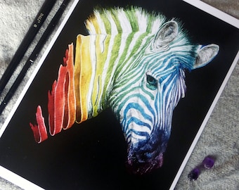 Colourful rainbow zebra watercolour painting digital art print, nature tropical animals zebra colourful wall art home decor painting art